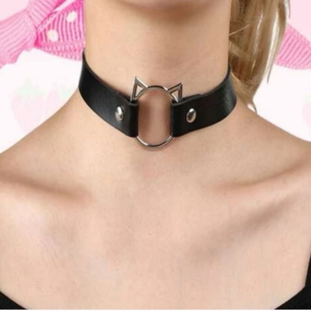 Black Leather Cat Choker Necklace
